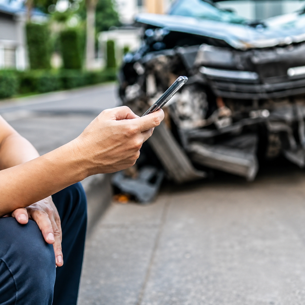 Driver using phone to call for help after car accident with damaged vehicle in background
