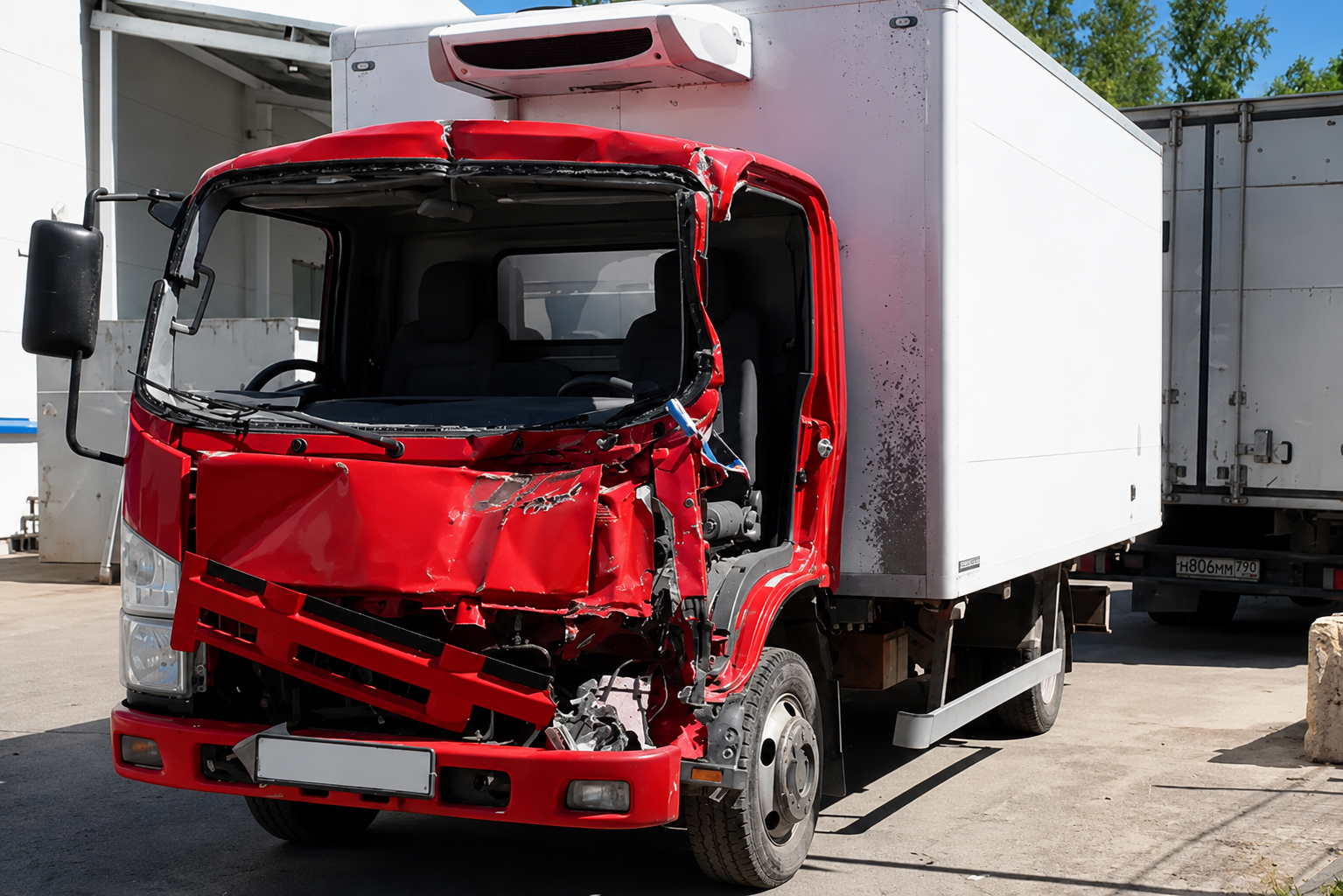 Red commercial truck with severe front-end damage after accident