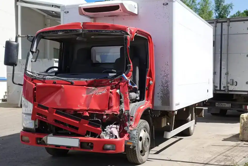Red commercial truck with severe front-end damage after accident