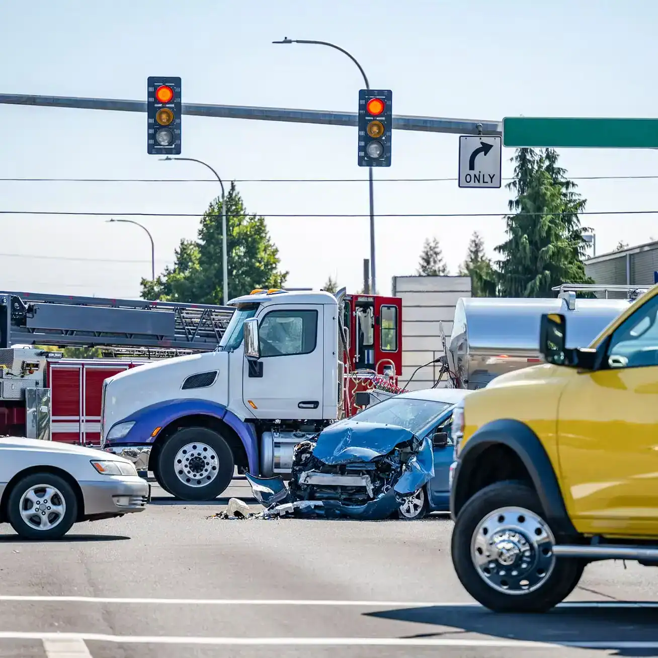 Severe car and truck accident at an intersection with damaged vehicle, representing personal injury and accident claims handled by Attorney Guss.