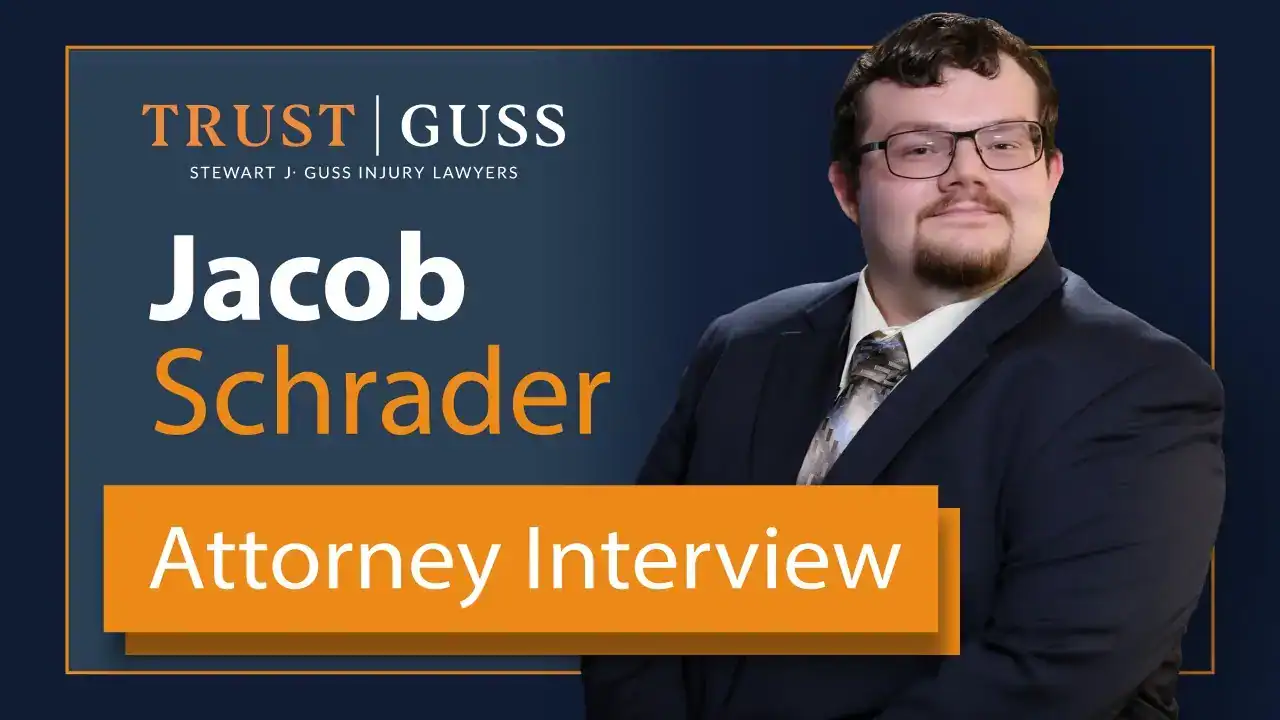 Attorney Jacob Schrader featured in interview for Stewart J. Guss Injury Lawyers at Trust Guss law firm.