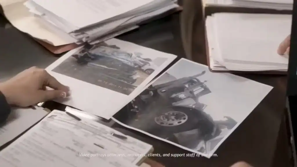 Lawyer reviewing printed photos of a truck accident as evidence during a personal injury case meeting.