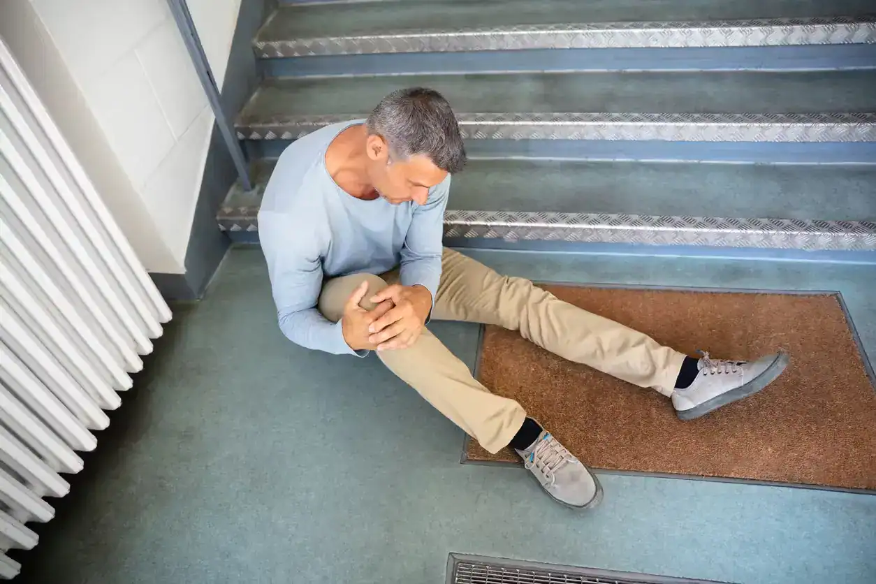 Middle-aged man holding his knee after a slip and fall accident on stairs indoors.