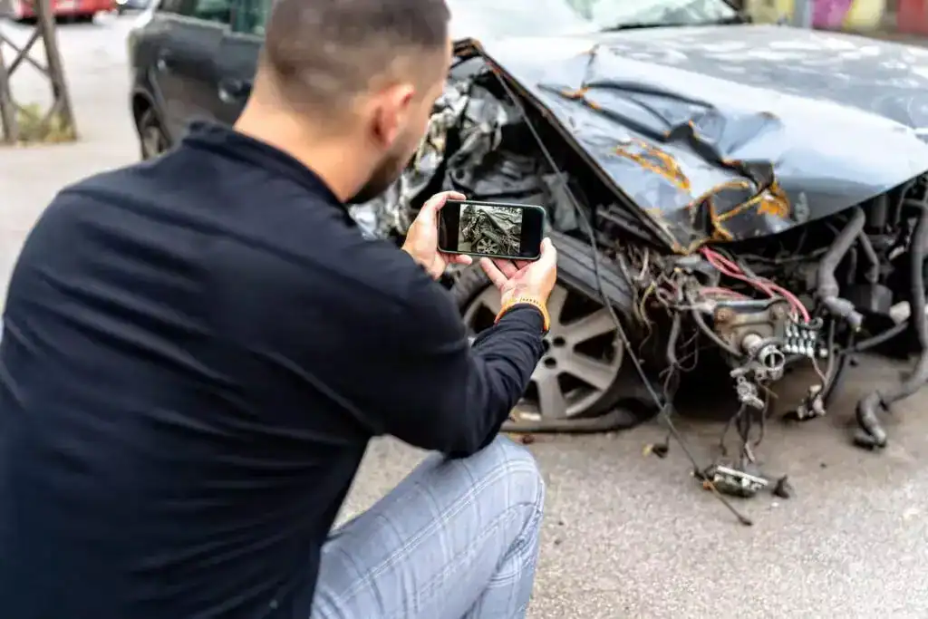 Man photographing severe front-end car accident damage with smartphone for insurance and legal documentation.
