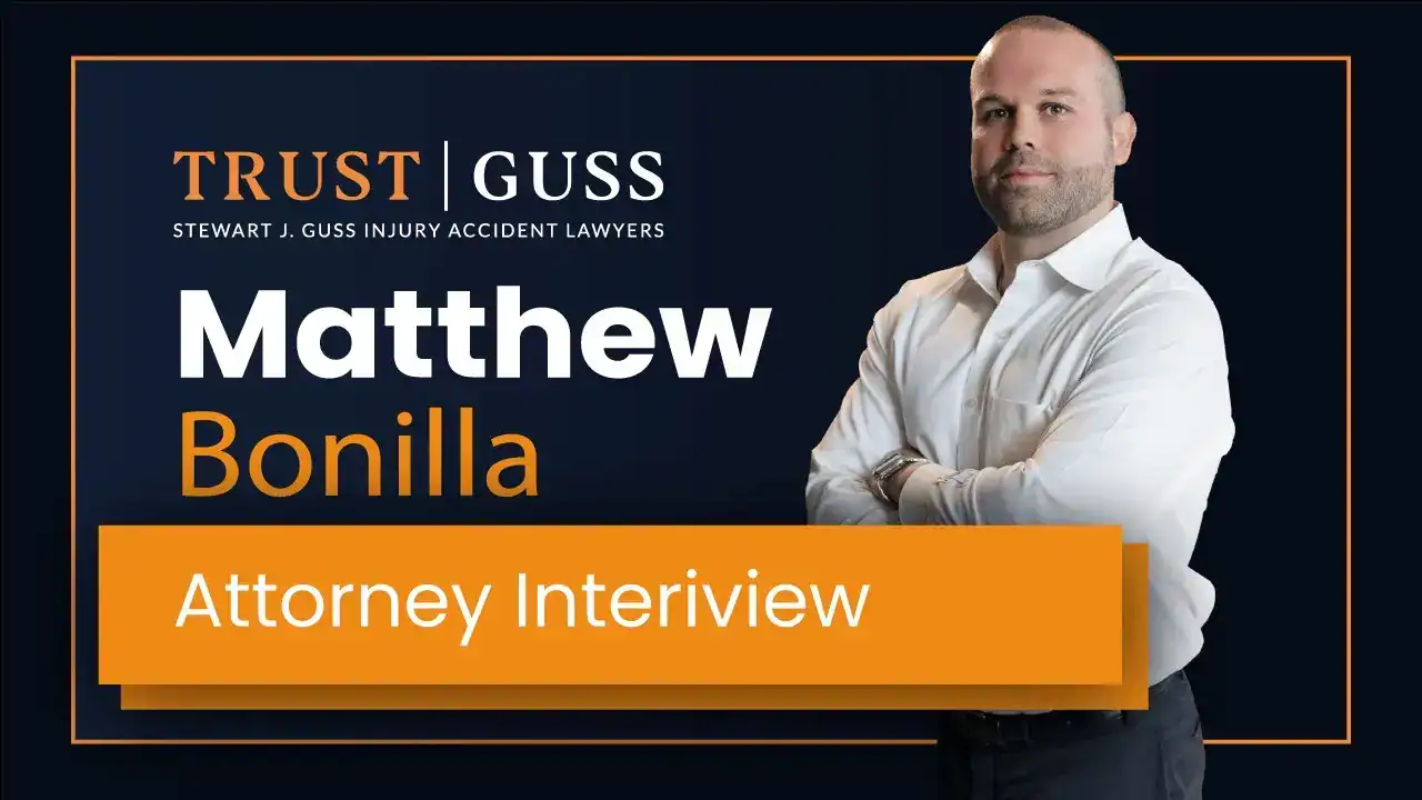 Attorney Matthew Bonilla featured in interview for Stewart J. Guss Injury Accident Lawyers at Trust Guss law firm.