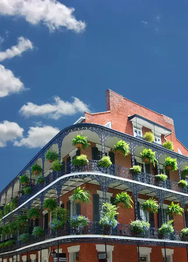 Historic French Quarter building in New Orleans with iron balconies and hanging plants under blue sky.