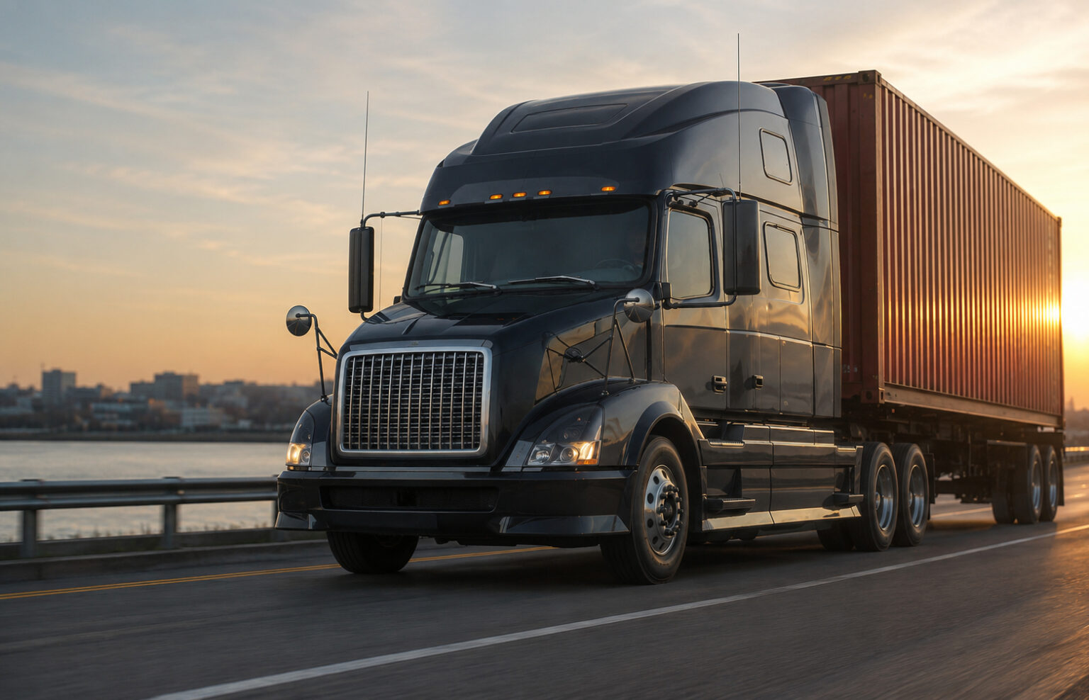 Large semi-truck driving on highway at sunset, symbolizing truck accident risks and need for legal help.