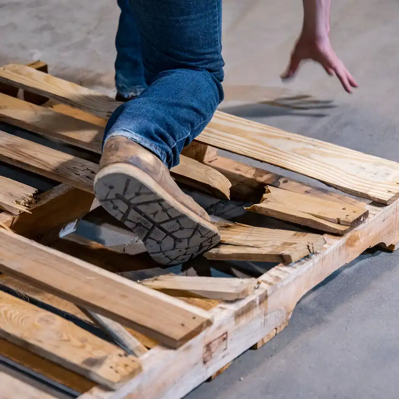 Worker tripping on broken wooden pallet causing slip and fall workplace injury