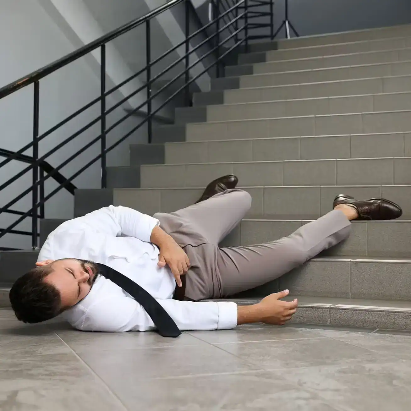 Man injured in slip and fall accident on stairs inside office building in Houston