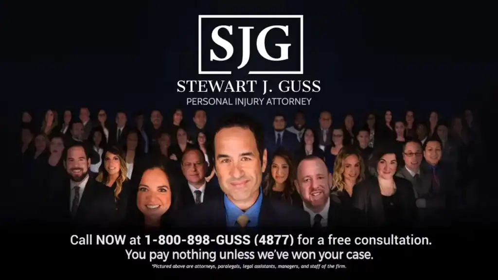 Stewart J. Guss Personal Injury Attorneys team promotional banner with phone number for free consultation and no fee unless case is won.