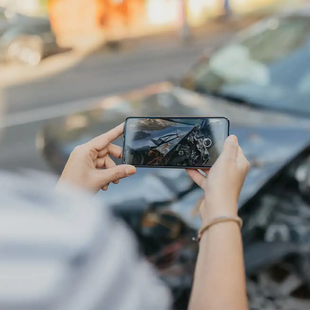 Person photographing car accident damage with smartphone for insurance claim