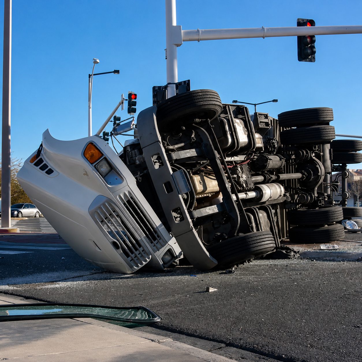 Overturned semi-truck lying on its side after a serious accident at a city intersection.