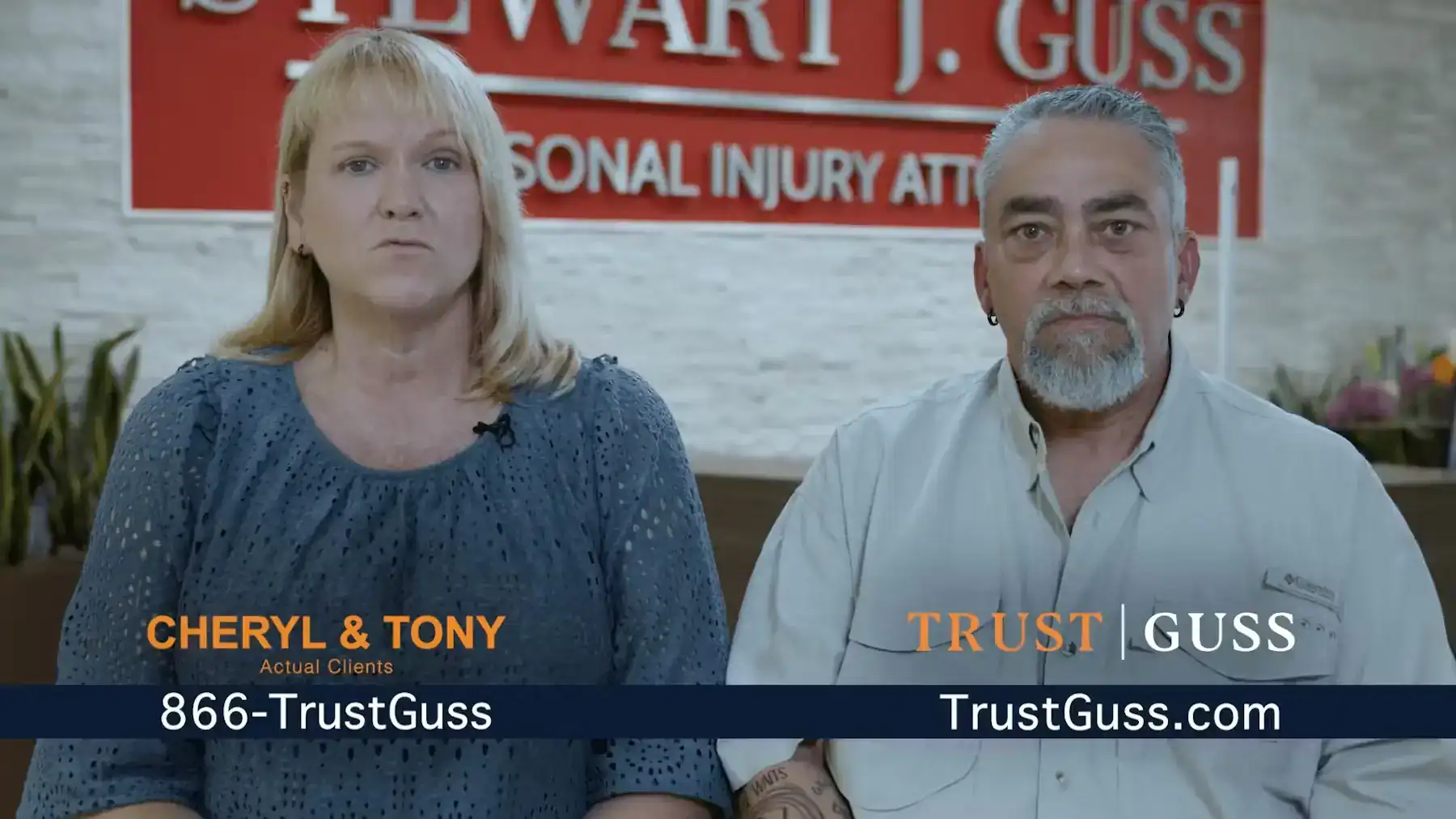 Cheryl and Tony client testimonial for Trust Guss personal injury lawyers highlighting real client experiences and trusted legal support