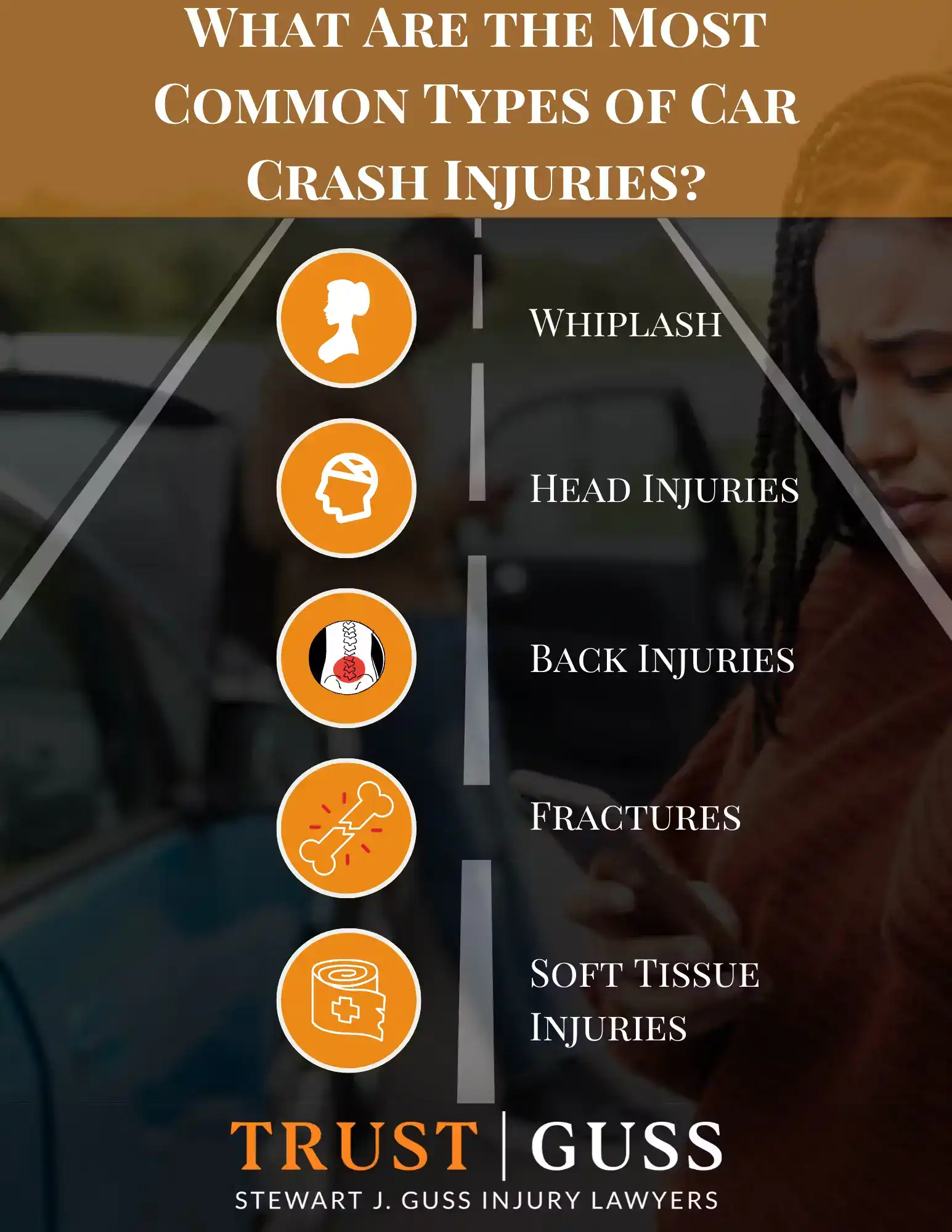 Infographic by Stewart J. Guss Injury Lawyers showing 12 steps of what to do after a car accident, including staying calm, checking for injuries, calling police, exchanging information, documenting the scene, notifying insurance, seeking medical attention, and consulting an attorney.