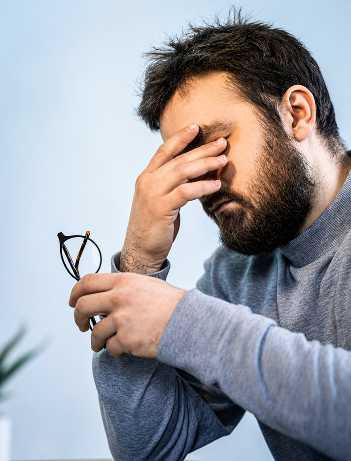 A Tired Man Rubs His Eyes In Front Of A Computer Screen
